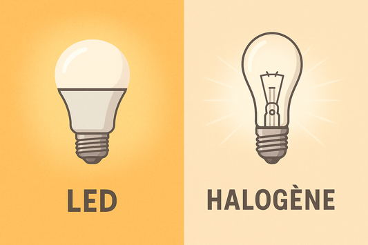 Illustration comparant ampoule LED et halogène pour un éclairage intérieur moderne